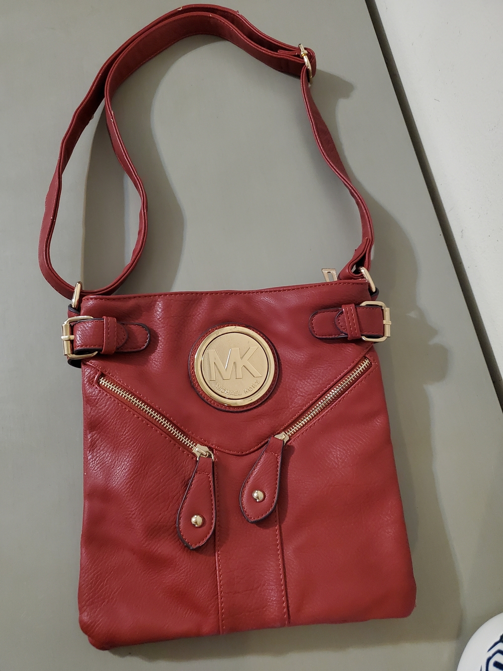 Michael Kors Red Leather Fulton Crossbody with Gold MK Emblem Front Zip Pockets
